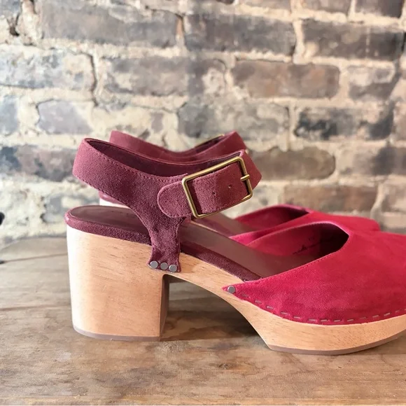Charlotte Stone Red Suede Mules with Wooden Heel - Picture 3 of 4